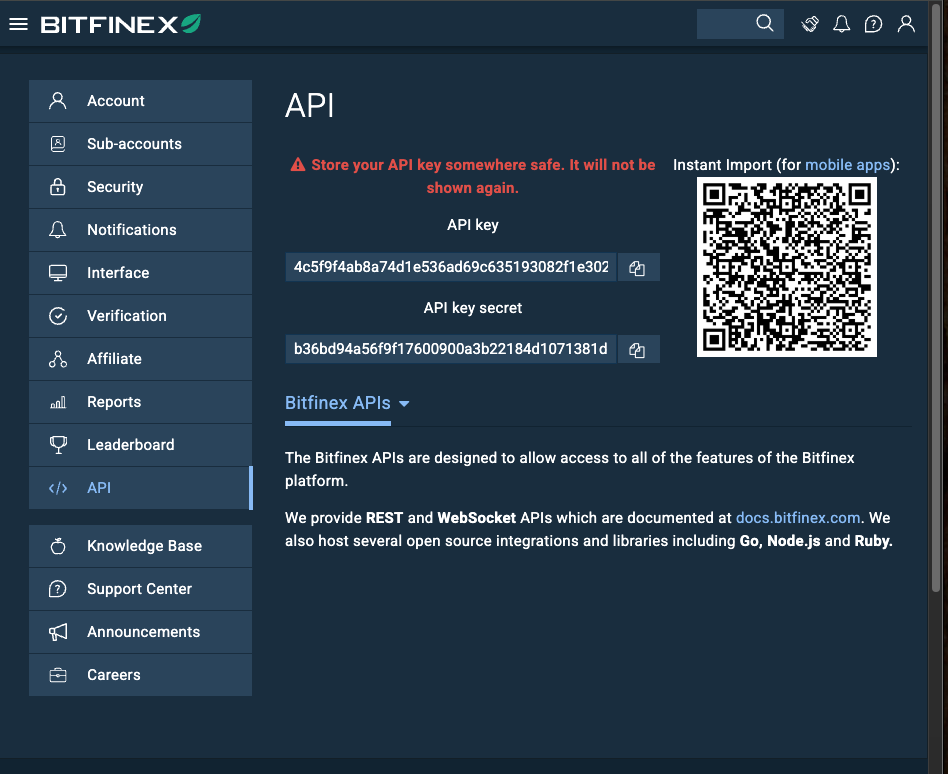 API key 與 Secret 顯示頁，僅顯示一次
